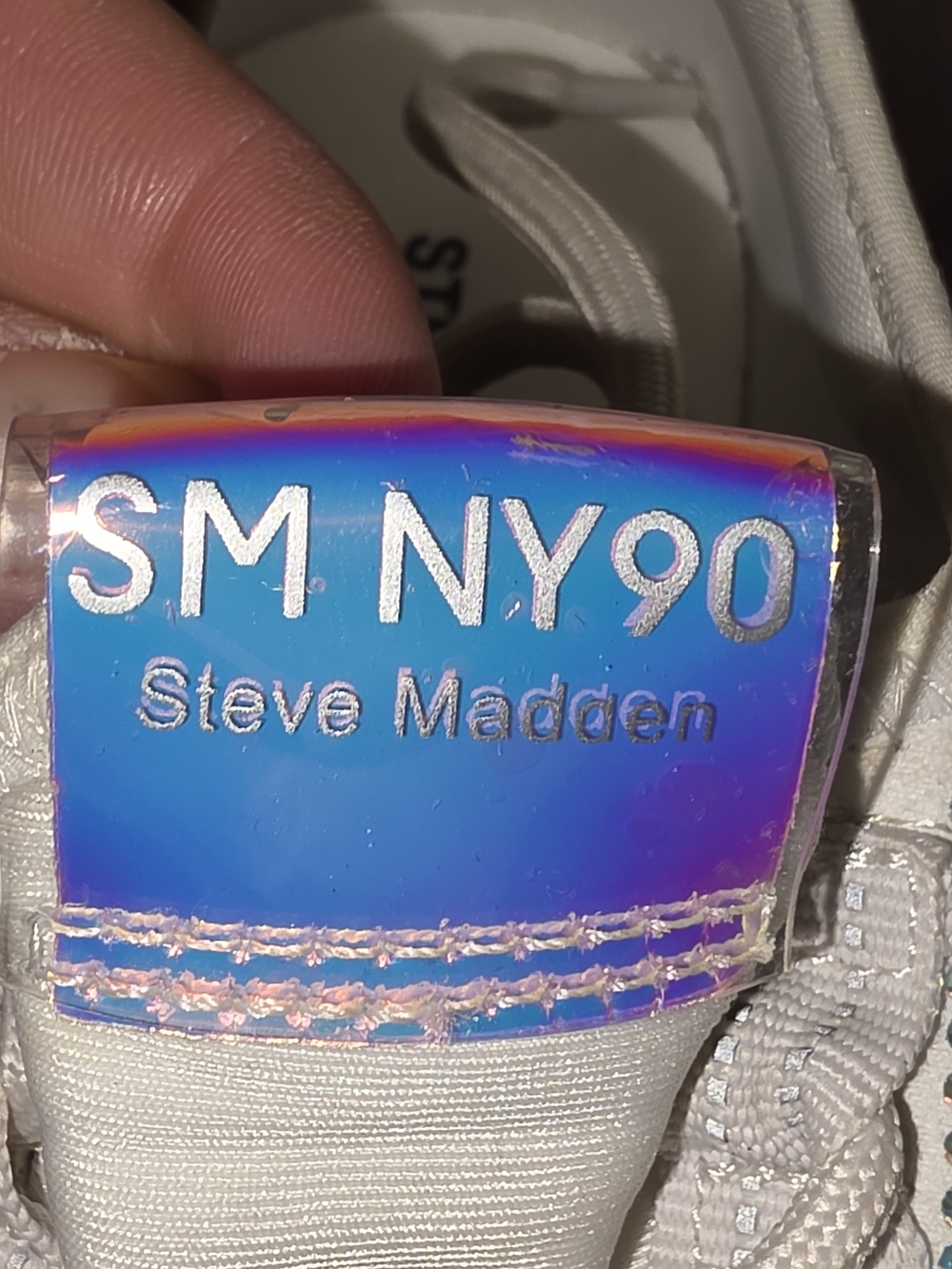 Steve Madden Kids White Sneakers with Iridescent Blue-Pink Holographic Tongue